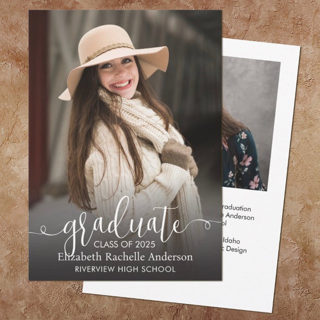 Tarjeta de Anuncio de Graduación con Foto y Letra  (Elegant script photo graduation announcement. Add a photo on the front & back. Add your grad info,)