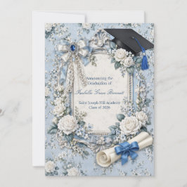 Tarjeta de Anuncio de Graduación Floral Azul y Bla