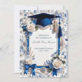 Tarjeta de Anuncio de Graduación Floral Azul y Bla