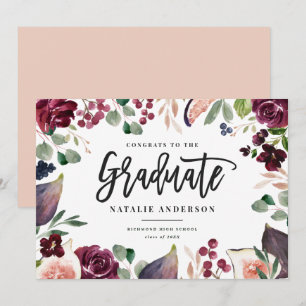 Tarjeta de anuncio de graduación floral burdeos ro