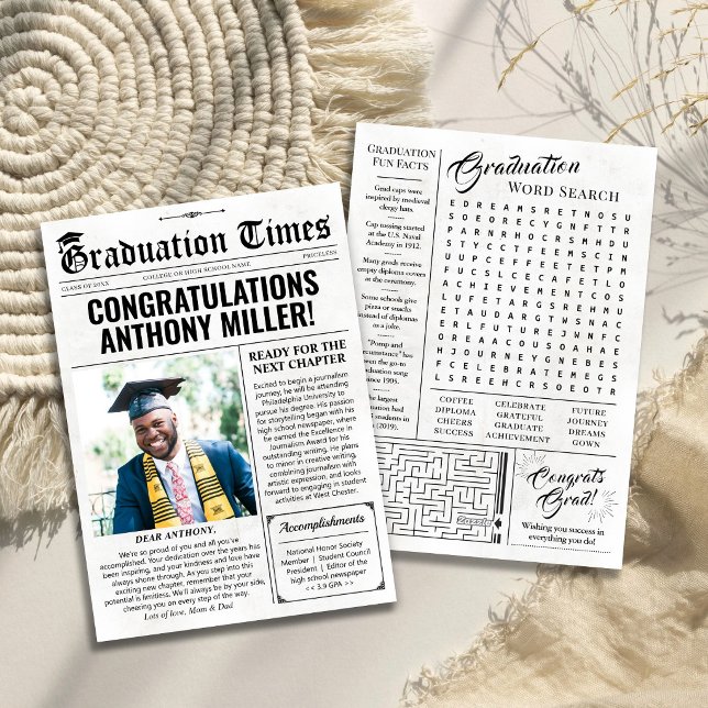 Tarjeta de anuncio de graduación personalizada Tar (Custom Graduation Newspaper, Graduation Announcement Card)