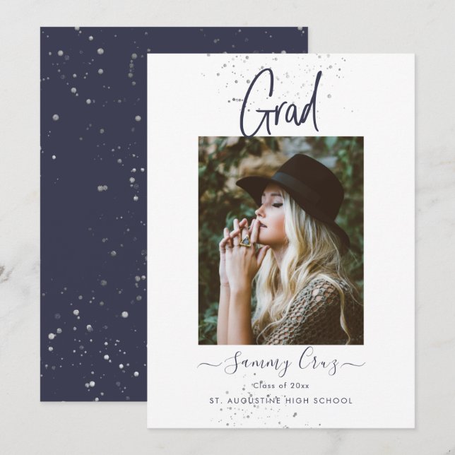 Tarjeta de anuncio de graduación plana azul marino (Anverso / Reverso)