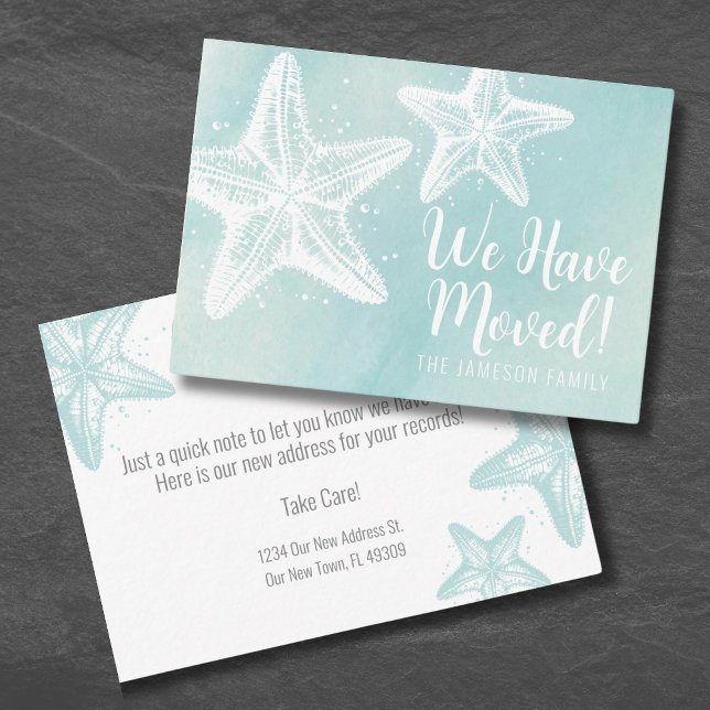 Tarjeta de anuncio de mudanza con tema de playa en (Watercolor Beach Moving Announcement Card)