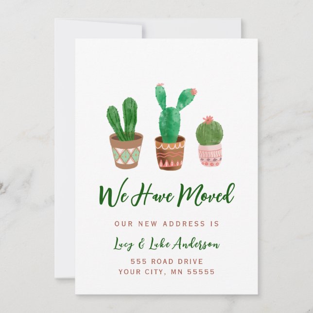 Tarjeta de anuncio de mudanza de Cactus (Anverso)
