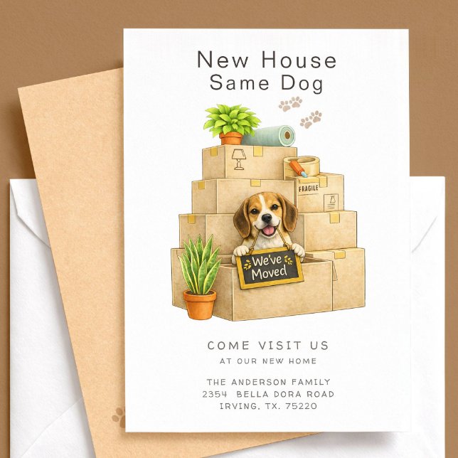 Tarjeta de anuncio de mudanza de casa con Beagle (Subido por el creador)