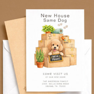 Tarjeta de anuncio de mudanza de casa con Caniche