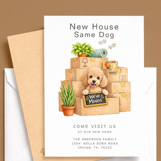 Tarjeta de anuncio de mudanza de casa con Caniche (Subido por el creador)