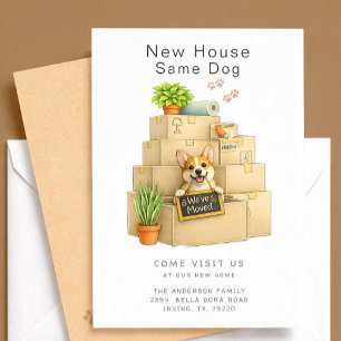 Tarjeta de anuncio de mudanza de casa con Corgi