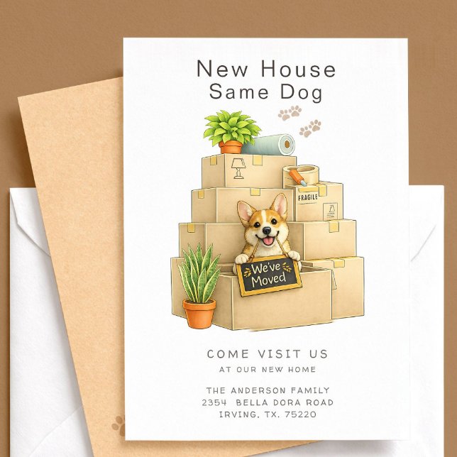 Tarjeta de anuncio de mudanza de casa con Corgi (Subido por el creador)