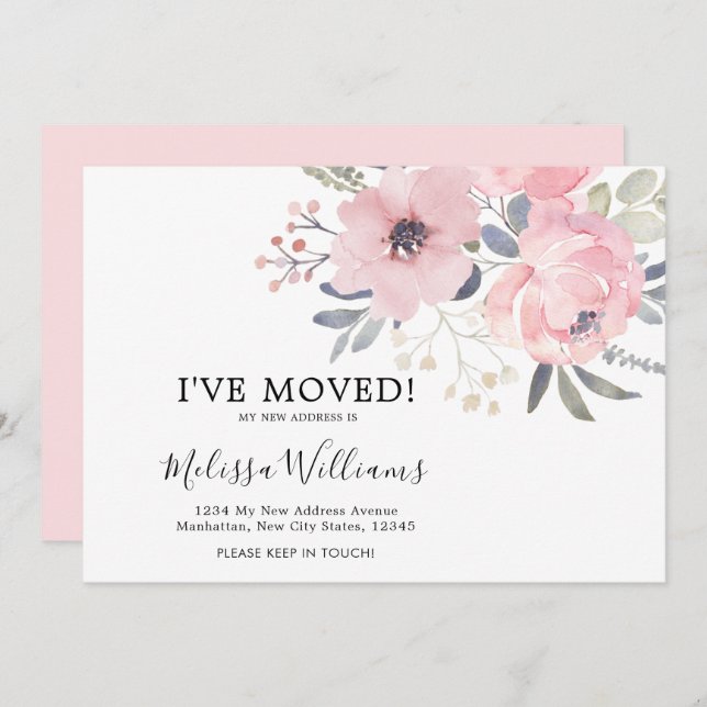 Tarjeta de anuncio de mudanza floral rosa Chic Blu (Anverso / Reverso)