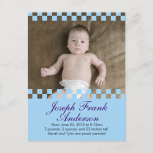 Tarjeta de Anuncio de Nacimiento Baby Blue Squares