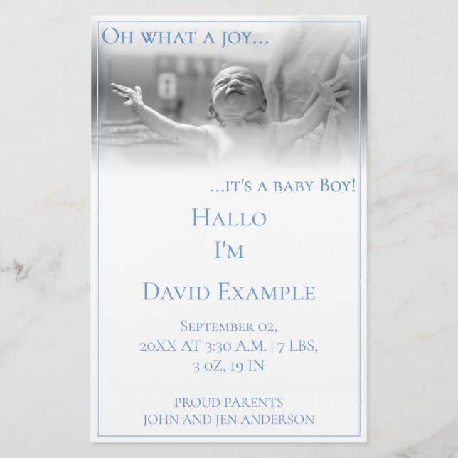 Tarjeta de anuncio de nacimiento con bebé (Anverso)