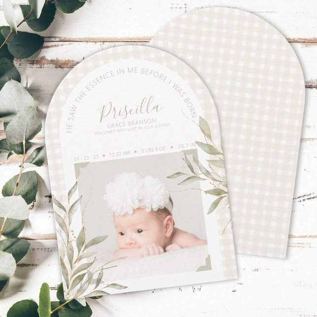 Tarjeta de anuncio de nacimiento con foto de Gingh (Elegant religious birth announcement with photo, soft gingham, gold accents, and personalization)