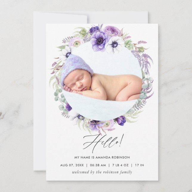 Tarjeta de anuncio de nacimiento con foto de Viole (Anverso)