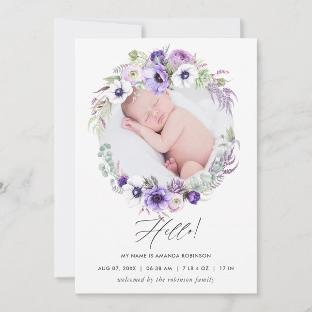Tarjeta de anuncio de nacimiento con foto de Viole (Anverso)