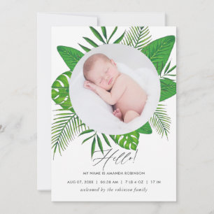 Tarjeta de anuncio de nacimiento con hojas tropica