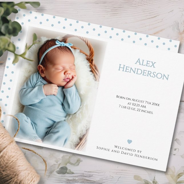 Tarjeta de anuncio de nacimiento con puntos azules (Blue dotted Photo Birth Announcement Card)