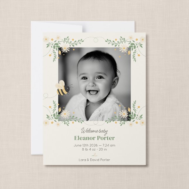 Tarjeta de anuncio de nacimiento de abeja bebé com (Wildflower Flight - Compact 4.25 x 5.5" Baby Photo Card Announcement)
