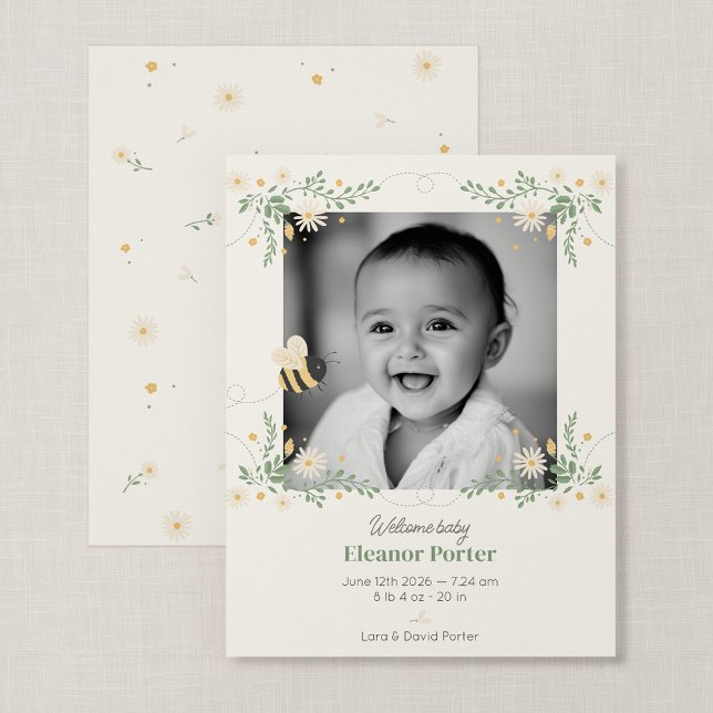 Tarjeta de anuncio de nacimiento de abeja bebé com (Wildflower Flight - Compact 4.25 x 5.5" Honey Bee Baby Photo Card Announcement)