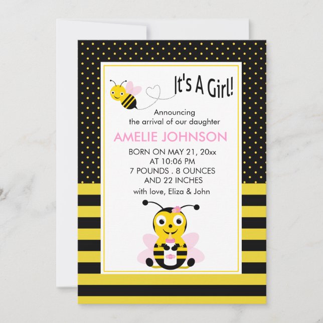 Tarjeta de Anuncio de Nacimiento de Bebé Bee Baby (Anverso)