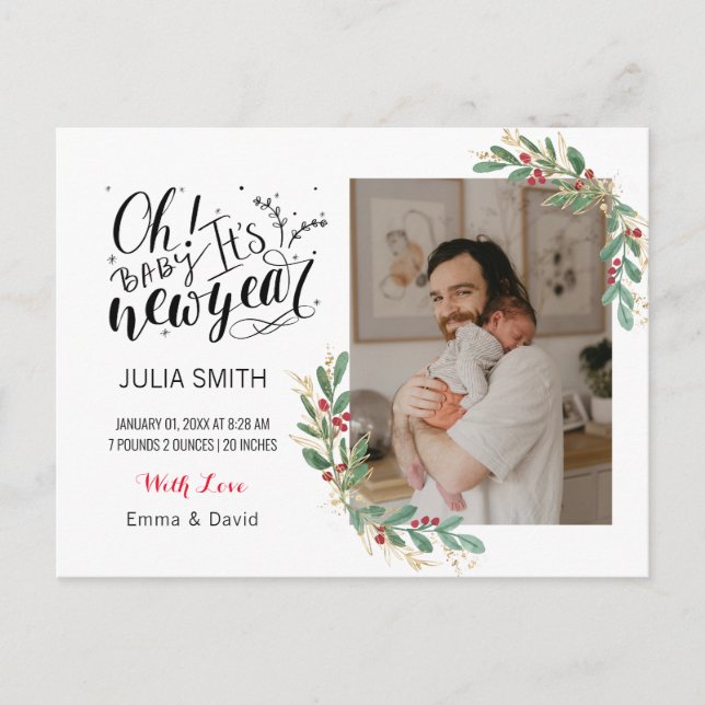 Tarjeta de anuncio de nacimiento de bebé con elega (Anverso)