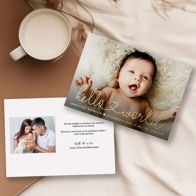 Tarjeta de anuncio de nacimiento de bebé con foto  (real gold foil hello world heart script birth announcement photo thank you card.)