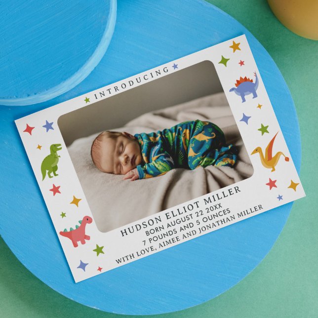 Tarjeta de anuncio de nacimiento de bebé de Dinosa (Dinosaur birth announcement card)