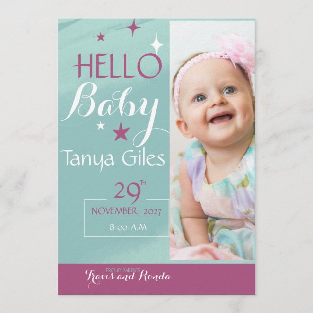 Tarjeta de anuncio de nacimiento de bebé Hola (Anverso)