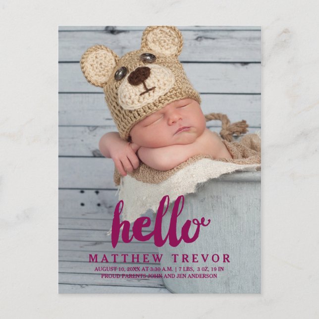 Tarjeta de Anuncio de Nacimiento de Bebé Morado |  (Anverso)