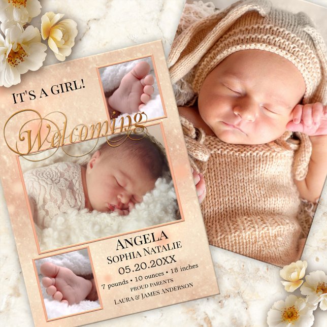 Tarjeta de anuncio de nacimiento de bebé niña con  (Baby birth announcement card with your photos on a sparkling peach design with script text)