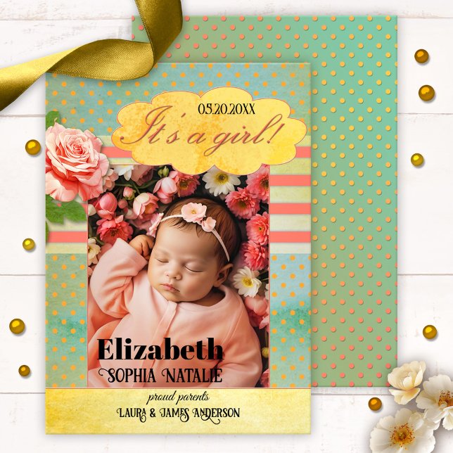 Tarjeta de anuncio de nacimiento de bebé retro col (Retro baby girl birth announcement card featuring a photo of your baby on colorful watercolor )