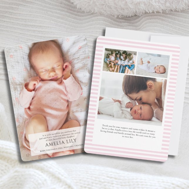 Tarjeta de anuncio de nacimiento de bebé rosa (Cute Classic Baby Girl Birth Announcement card with photo collage of 4 photos and pink stripes)