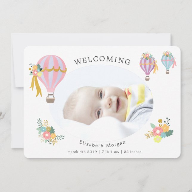 tarjeta de anuncio de nacimiento de globo aerostát (Anverso)