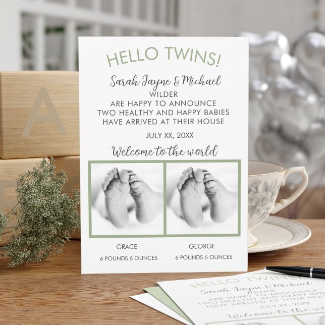 Tarjeta de anuncio de nacimiento de la foto de Hel (A gender neutral birth announcement with space for your new baby photos and Hello Twins text)