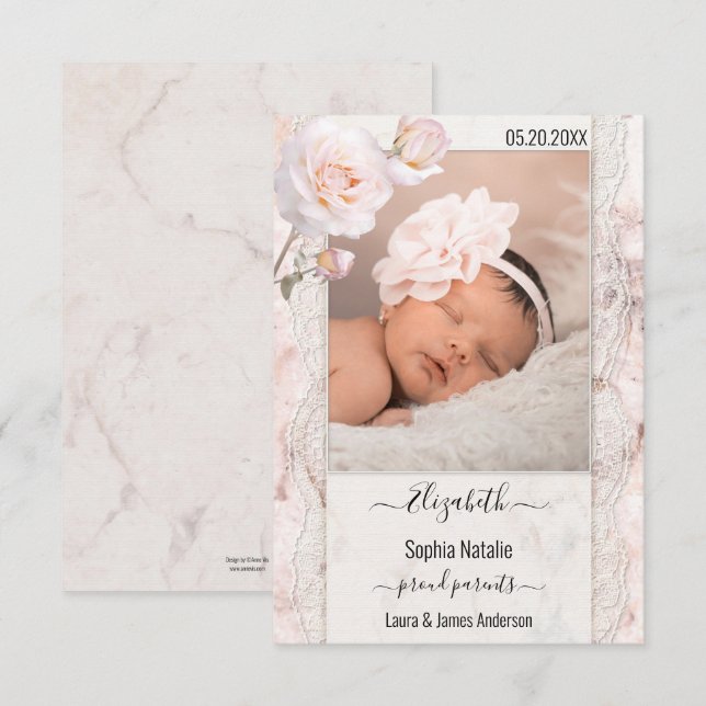 Tarjeta de anuncio de nacimiento de Marble Baby Gi (Anverso / Reverso)