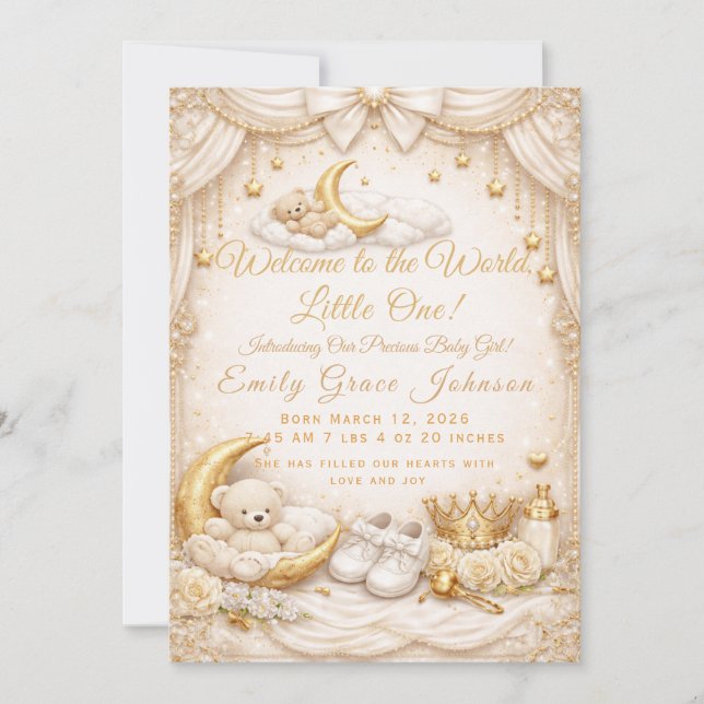 Tarjeta de Anuncio de Nacimiento de Niña Bebé de O (Anverso)