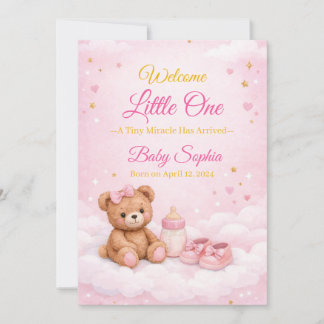 Tarjeta de Anuncio de Nacimiento de Niña con Osito