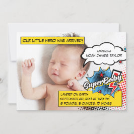 Tarjeta de anuncio de nacimiento de superhéroes, a