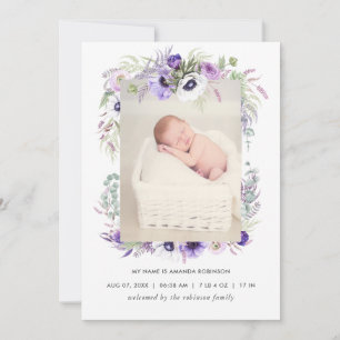 Tarjeta de anuncio de nacimiento Dusty Violet