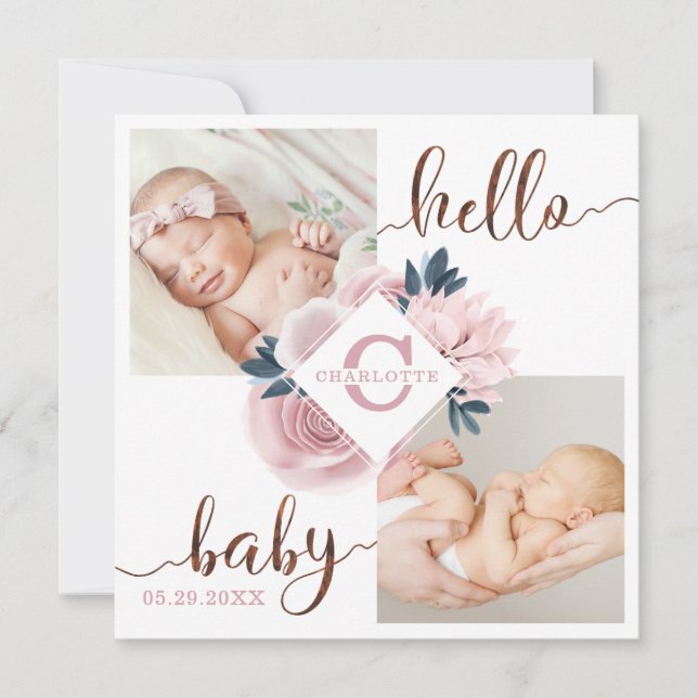 Tarjeta de anuncio de nacimiento floral rosa rosa  (Anverso)