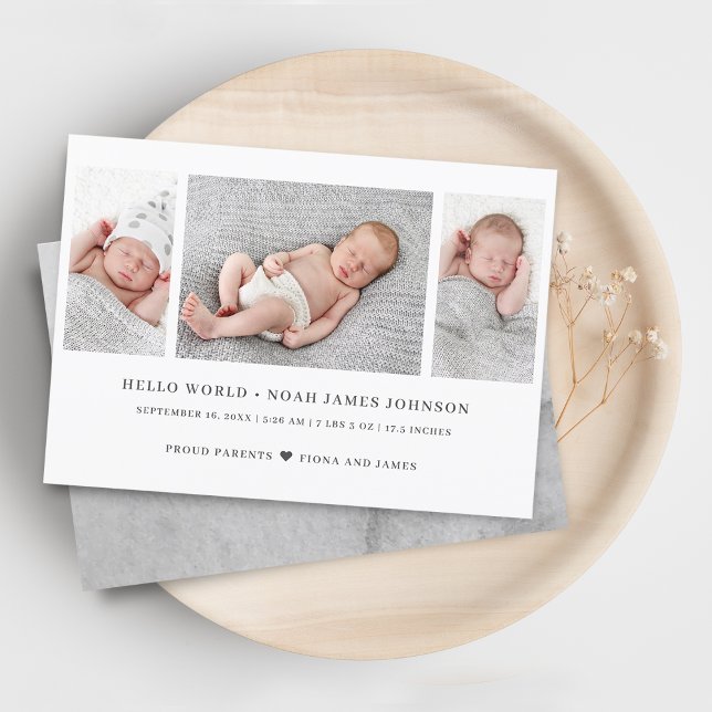 Tarjeta de Anuncio de Nacimiento Moderno con 3 Fot (Modern Birth Announcement 3 Photos Collage Card)