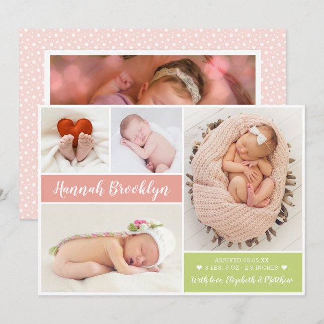 Tarjeta de anuncio de nacimiento multifoto moderna (Anverso / Reverso)