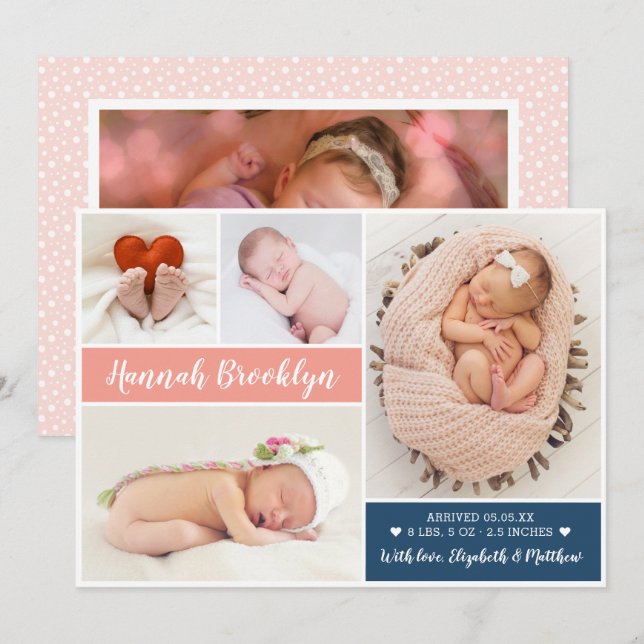 Tarjeta de anuncio de nacimiento multifoto moderna (Anverso / Reverso)