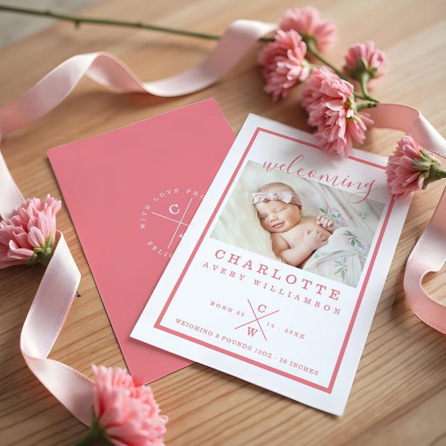 Tarjeta de anuncio de nacimiento para bebé - Blanc (Baby Birth Announcement Card - Modern Pink & White)