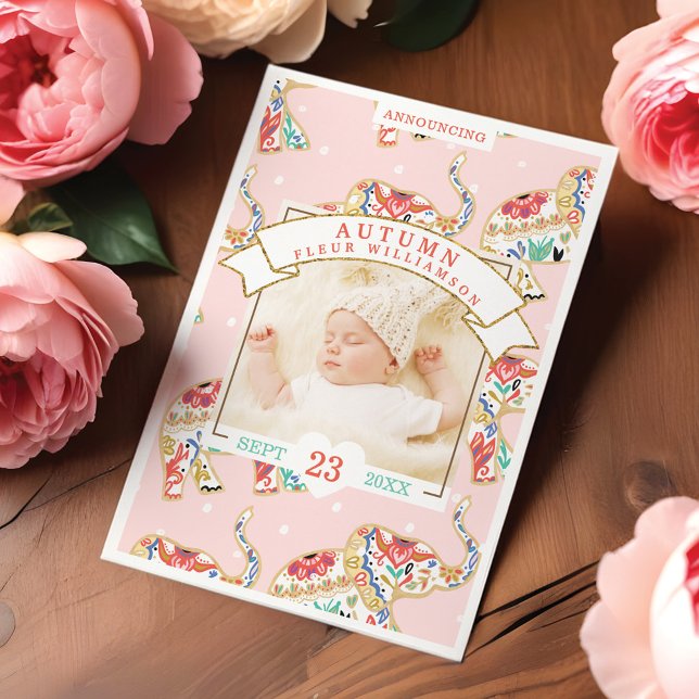 Tarjeta de anuncio de nacimiento para bebé - Elefa (Baby Birth Announcement Card - Decorative Elephant)