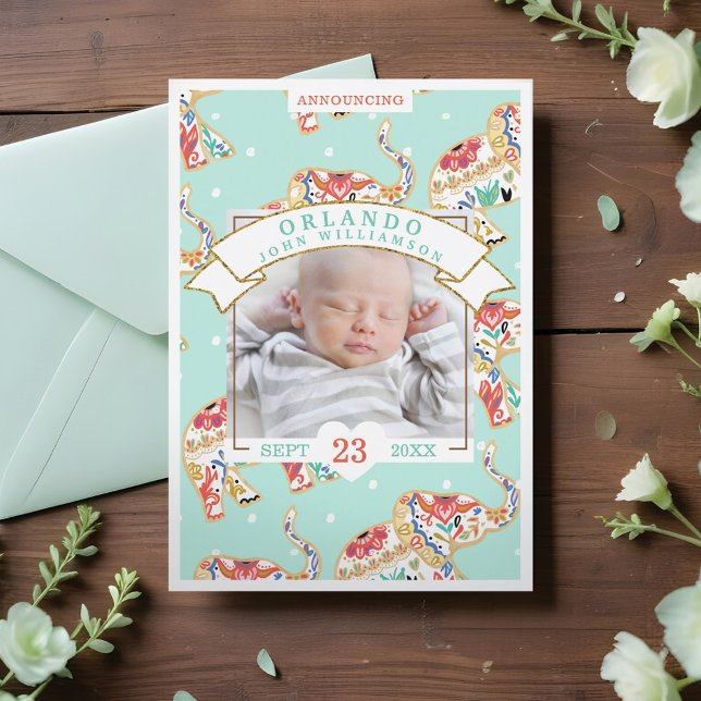 Tarjeta de anuncio de nacimiento para bebé - Elefa (Baby Birth Announcement Card - Decorative Elephant)