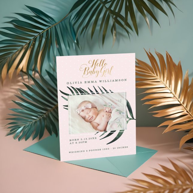 Tarjeta de anuncio de nacimiento para bebé | Hojas (Baby Birth Announcement Card | Tropical Palm Leaf)