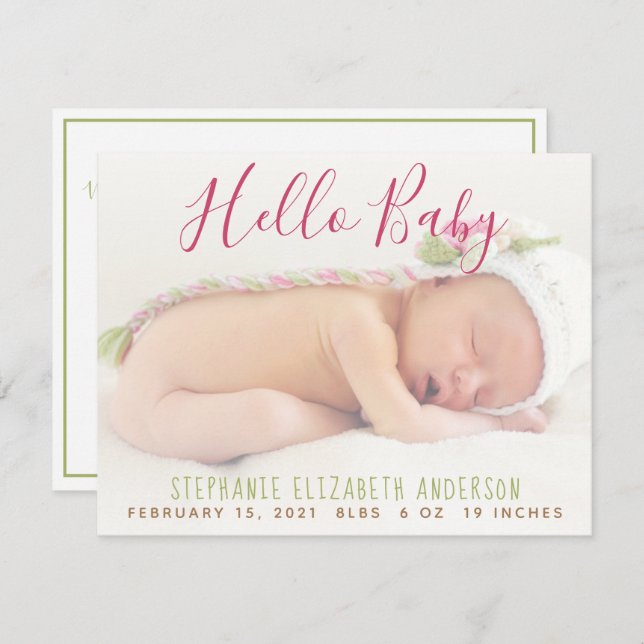 Tarjeta de anuncio de nacimiento rosa de foto de b (Anverso / Reverso)