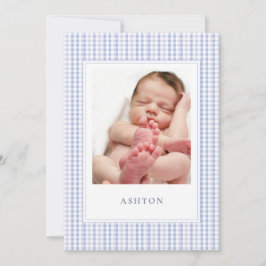 Tarjeta de anuncio de nacimientos Blue Gingham Bab