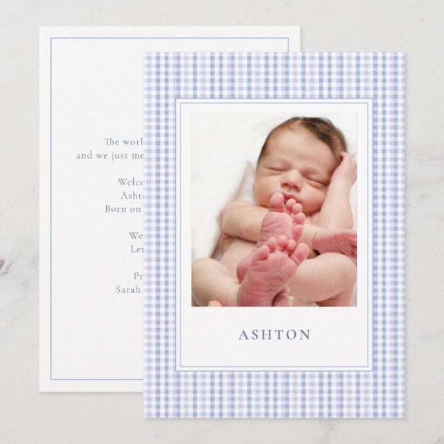 Tarjeta de anuncio de nacimientos Blue Gingham Bab (Anverso / Reverso)